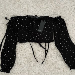 Nasty Gal Off the Shoulder Black Crop Top with Hearts